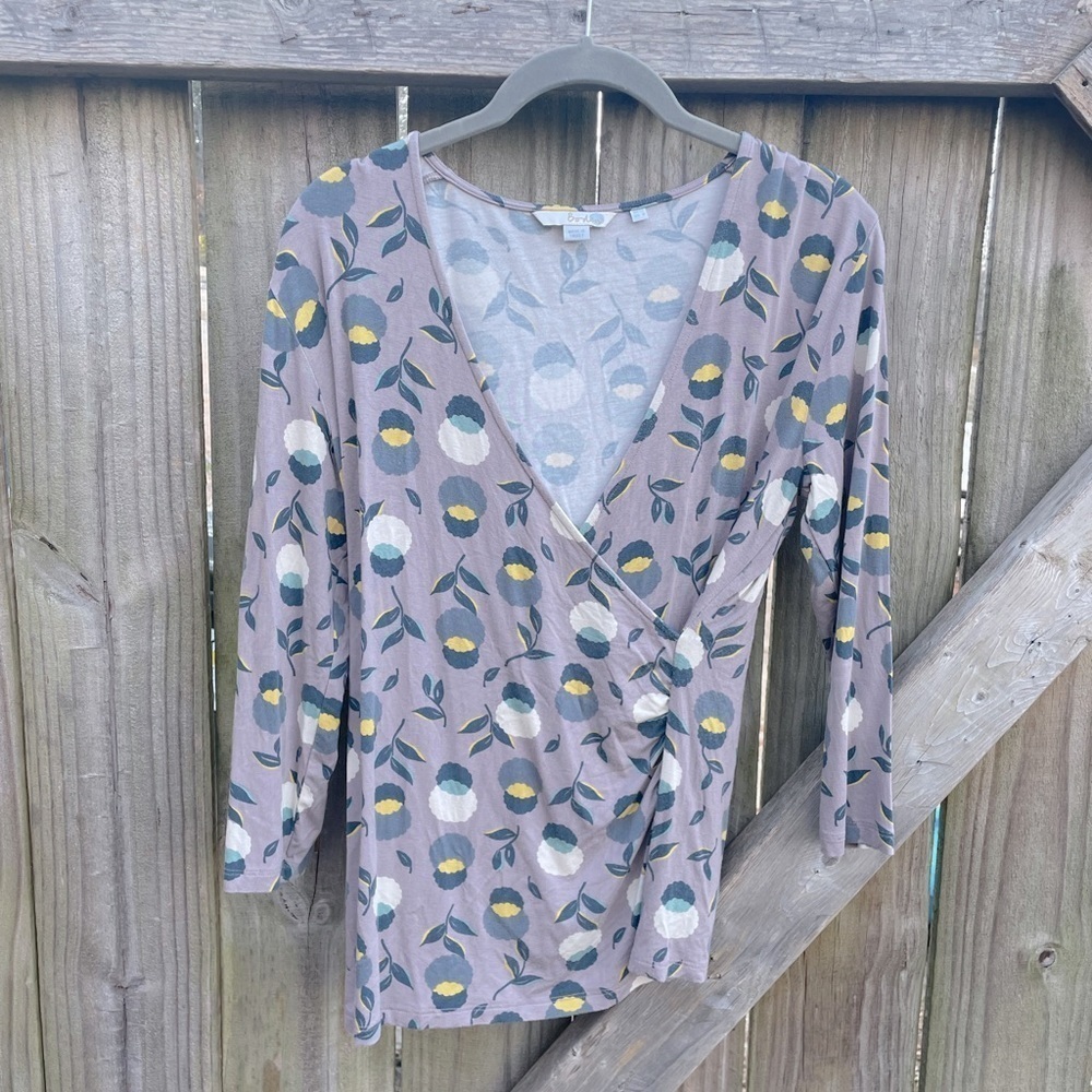 Boden Aubergine Muted Purple Floral Faux Wrap Ruched Waist Top